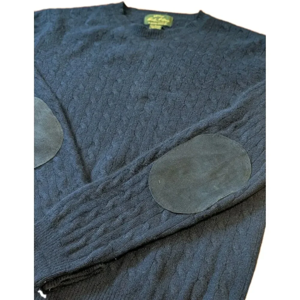 Orvis 100% Cashmere Sweater Mens L Navy Cable Knit Suede Elbow Patch Crewneck